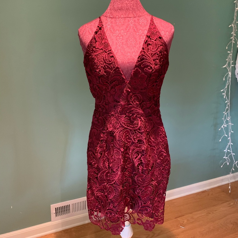 Maroon Lace V Neck Dress